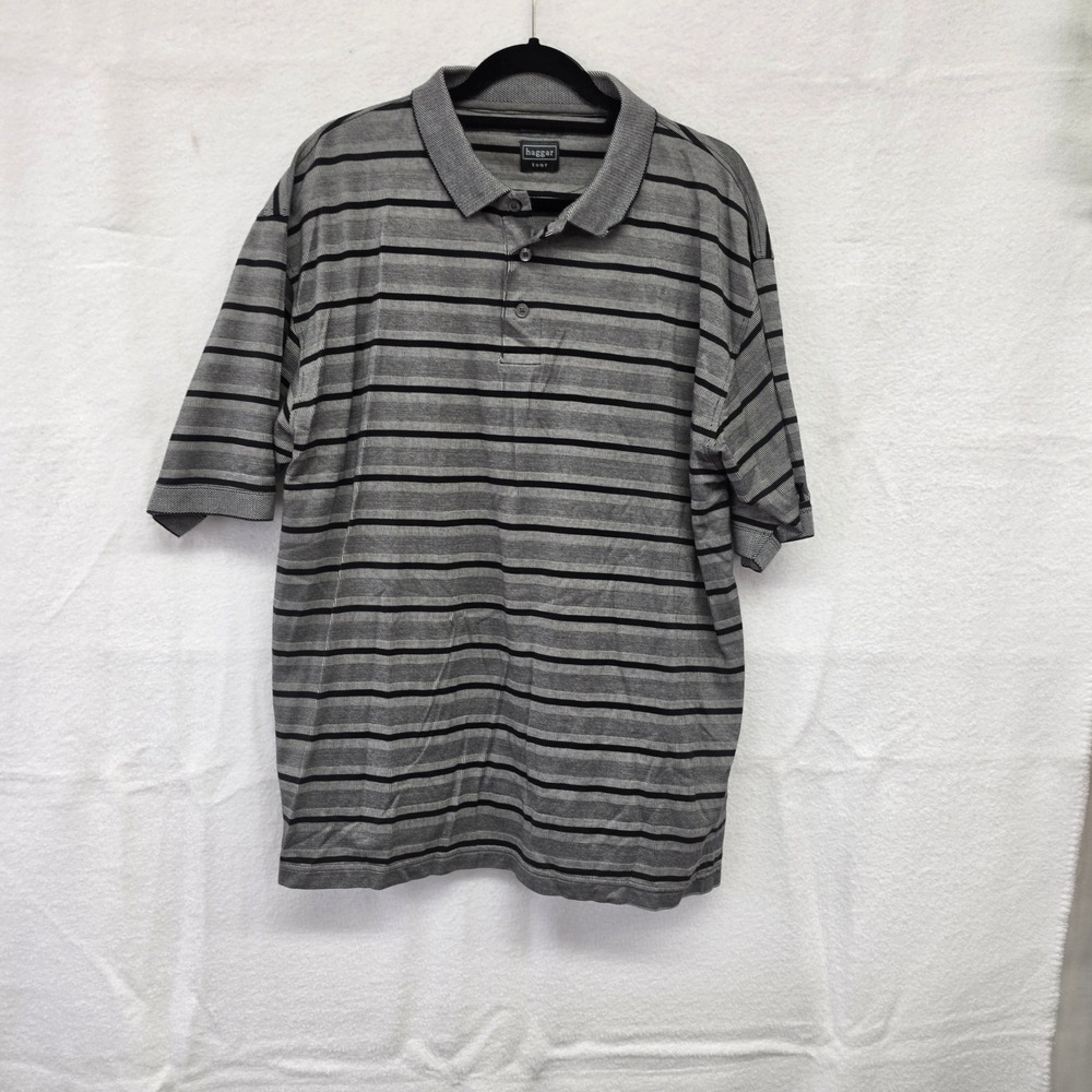 L Haggar Tour Mens Large Grey Black Striped Mercerized Cotton Polo Short Slv